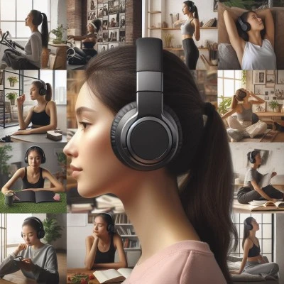 "Stylish over-ear wireless headphones ideal for budget-conscious music lovers, depicted in a collage of everyday lifestyle scenarios.