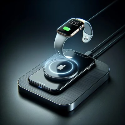 Wireless charging station with iPhone and Apple Watch, showcasing sleek technology and minimalist design.