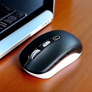 Wireless mouse on the wooden desk.