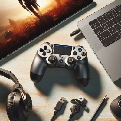 Sleek wireless controller for PC gaming, headset, and laptop setup on a desk with ambient lighting.