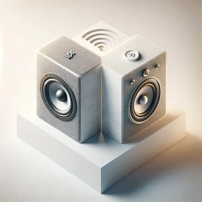 Stylish speakers symbolizing Bluetooth and Wi-Fi technologies in a harmonious light-themed setting for an article on speakers Bluetooth vs Wi-Fi.