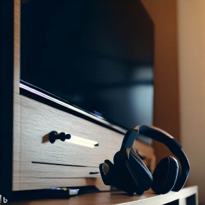 TV and wireless headphones placed on the cabinet.