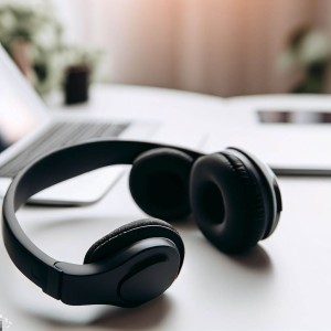 A wireless headphones for working from home, on a white table